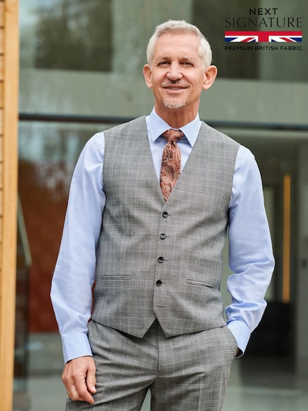 Light Grey Tailored Signature Empire Mills British Fabric Check Suit Waistcoat (U95985) | €18