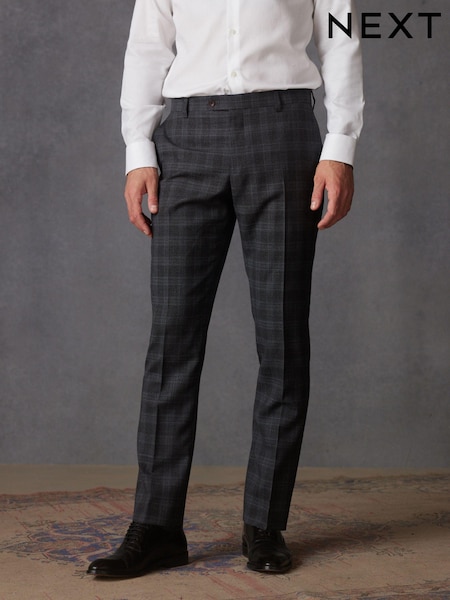 Charcoal Grey Slim Signature Marzotto Italian Fabric Check Suit Trousers (U95990) | €22