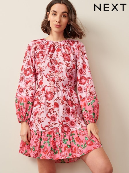 Pink Floral Long Sleeve 100% Cotton Summer Mini Dress (U96341) | €21