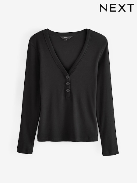 Black Long Sleeve Ribbed Henley Button Top (U96354) | €11