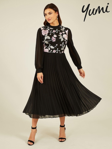Yumi Black Long Sleeve Embroidered Midi Dress With Pleats (U96713) | €100