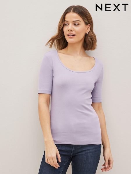 Lilac Purple Ribbed Scoop Neck Half Sleeve T-Shirt (U96856) | €6