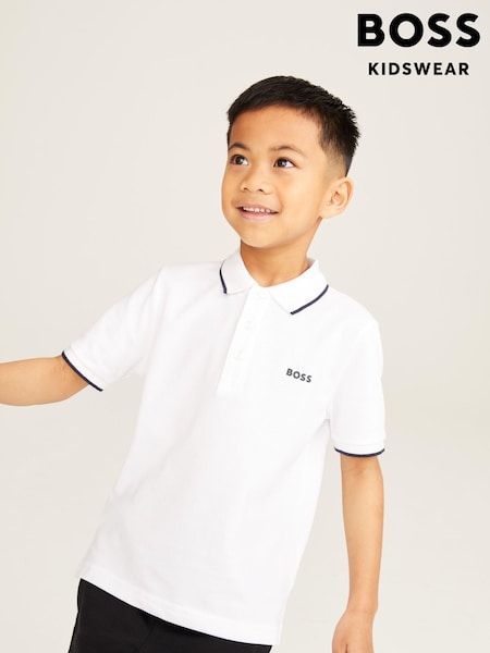 BOSS White 100% Cotton Short Sleeved Logo Polo Shirt (U99036) | $89 - $105