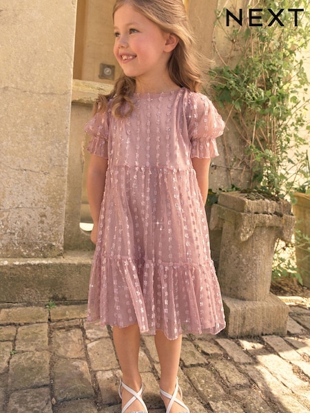 Pink Sparkle Mesh Short Sleeve Tiered Party Dress (3-16yrs) (U99666) | €19 - €25