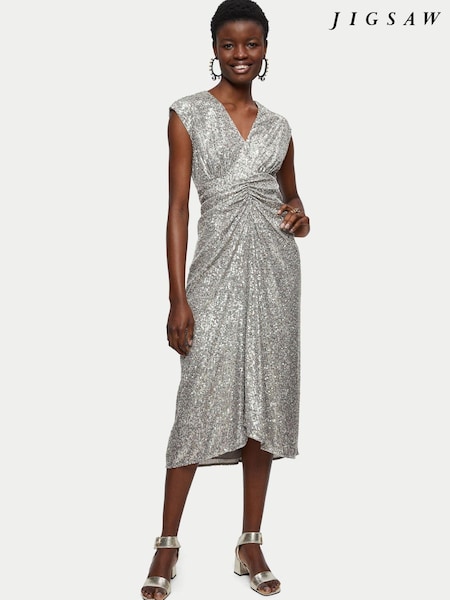 Jigsaw Silver Sequin Ruched Midi Dress (UCL521) | €102