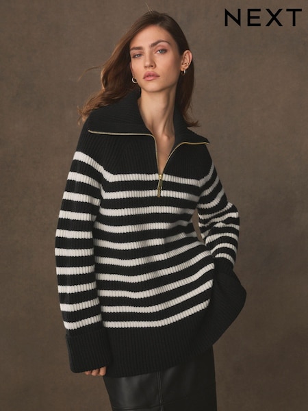 Black/Ecru Cream Premium 100% Wool Longline Zip Jumper (UTZ589) | €100