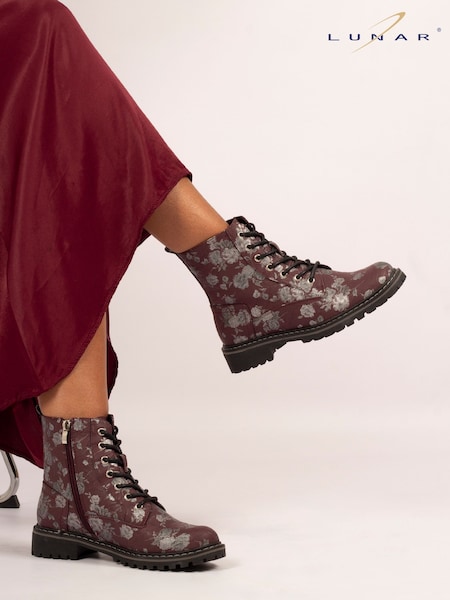Lunar Red Dazzle Floral Lace Up Ankle Boots (V00123) | €66