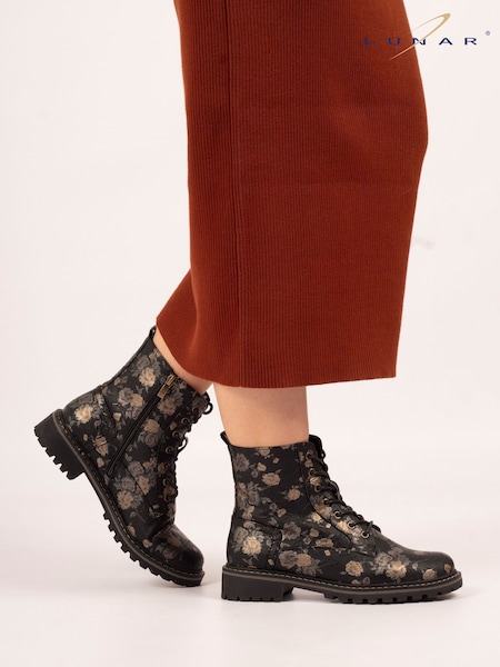 Lunar Dazzle Floral Lace Up Ankle Black Boots (V00126) | €66
