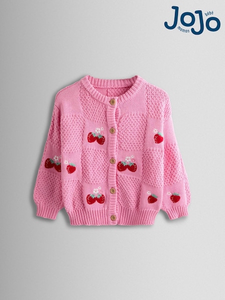 JoJo Maman Bébé Bright Pink Embroidered Checkerboard Knit Cardigan (V00472) | kr440 - kr487