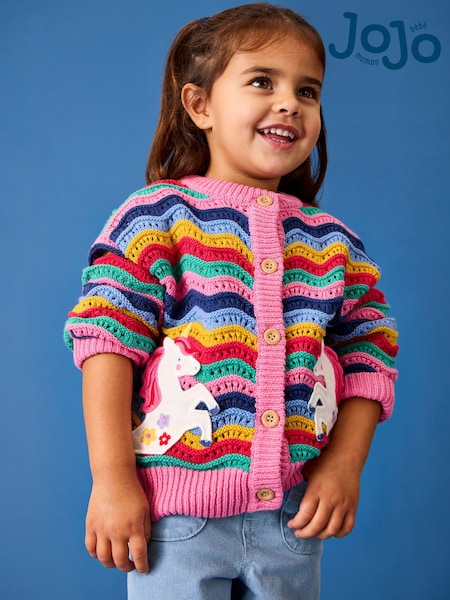 JoJo Maman Bébé Bright Pink Wavy Knit Appliqué Cardigan (V00478) | $70 - $77