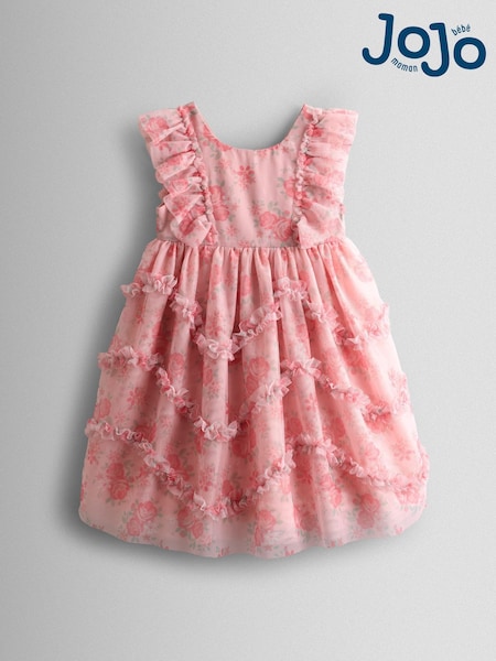 JoJo Maman Bébé Rose Pink Printed Tulle Ruffle Party Dress (V00497) | OMR21 - OMR24
