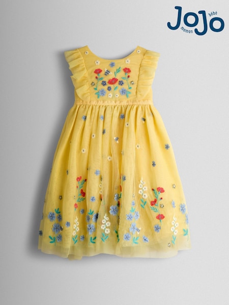 JoJo Maman Bébé Light Yellow Floral Embroidered Tulle Party Dress (V00501) | 196 QAR - 229 QAR