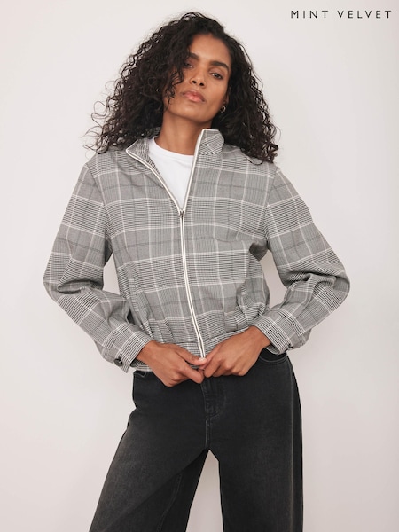 Mint Velvet Grey Checked Bomber Jacket (V00774) | AED844