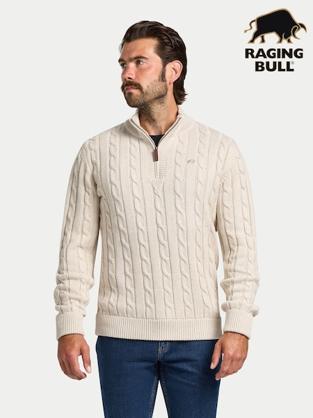 Raging Bull Natural Chunky Cable Quarter Zip Knit Jumper (V00817) | €133 - €147