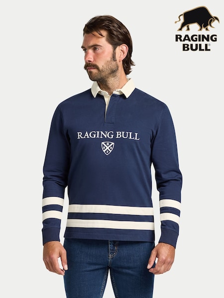 Raging Bull Blue Long Sleeve Cut & Sew Stripes Rugby Shirt (V00823) | €89 - €95