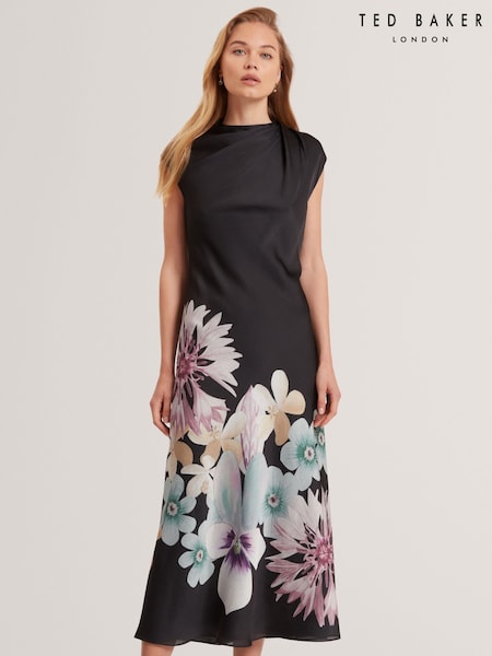 Ted Baker Black Demita Printed Short Sleeve Draped Neck Midi Dress (V00911) | €253