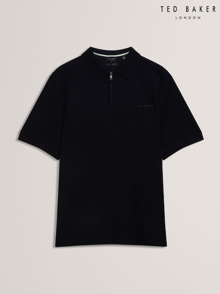 Ted Baker Black Cyrile Branded Honeycomb Trim Short Sleeve Polo Shirt (V01024) | 372 QAR
