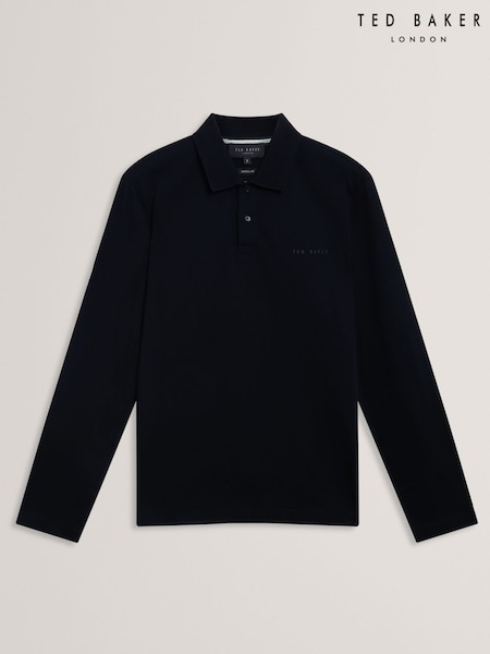 Ted Baker Blue Branded Honeycomb Trim Long Sleeve Polo Shirt (V01030) | €112