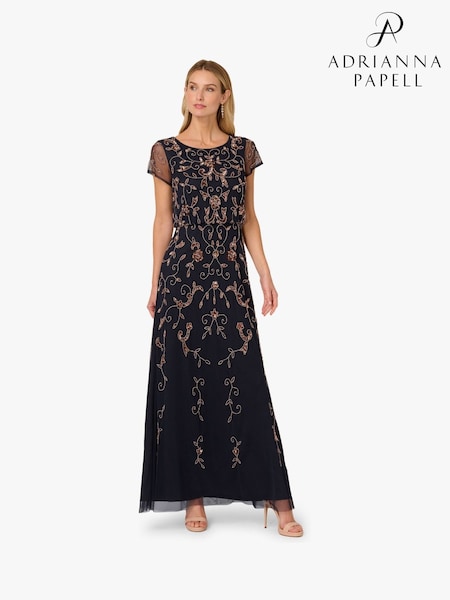 Adrianna Papell Blue Studio Beaded Blouson Long Dress (V01092) | €224