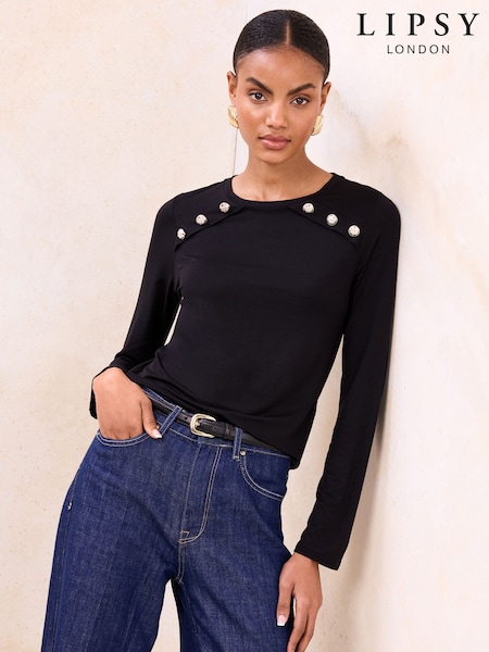 Lipsy Black Jersey Military Button Long Sleeve Top (V01270) | LEI 194