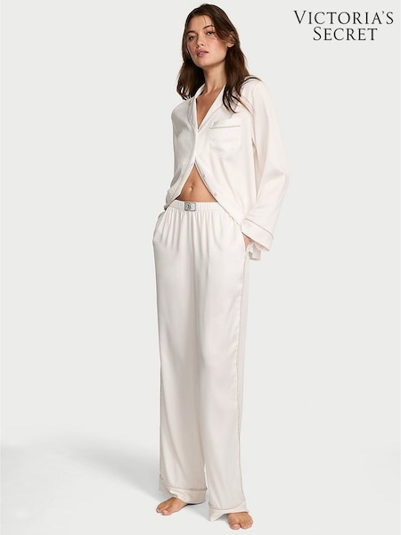 Victoria's Secret Coconut White Diamanté Trim Satin Shine Long Pyjamas Set (V01395) | €121