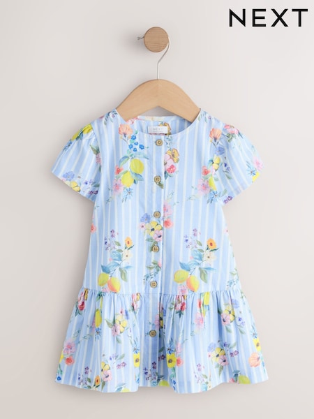 Blue/White Stripe Floral Short Sleeve Cotton Dress (3mths-8yrs) (V01450) | ৳ 1,900 - ৳ 2,470