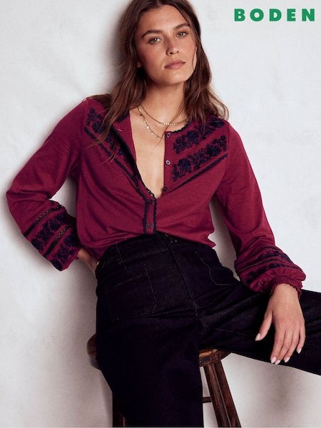 Boden Red Trim Detail Jersey Blouse (V01789) | €123