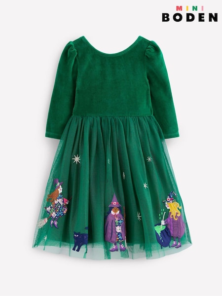 Boden Green Velour Tulle Appliqué Dress (V01816) | AED262 - AED285