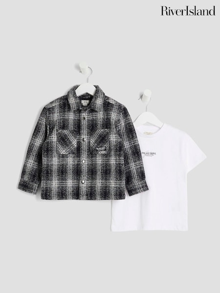 River Island Black Mono Check Shacket & T-Shirt Set (V02049) | €34