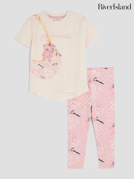 River Island Pink Monogram Bag T-Shirt & Leggings Set (V02052) | 79 QAR
