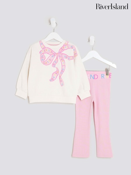 River Island Cream Bow Sweatshirt & Rainbow Waistband Kickflare Leggings Set (V02053) | AED128