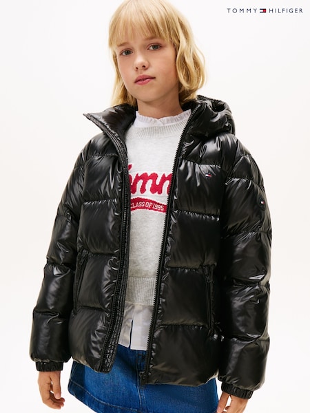 Tommy Hilfiger Black Shiny Relaxed Hooded Puffer Jacket (V02226) | €198 - €226