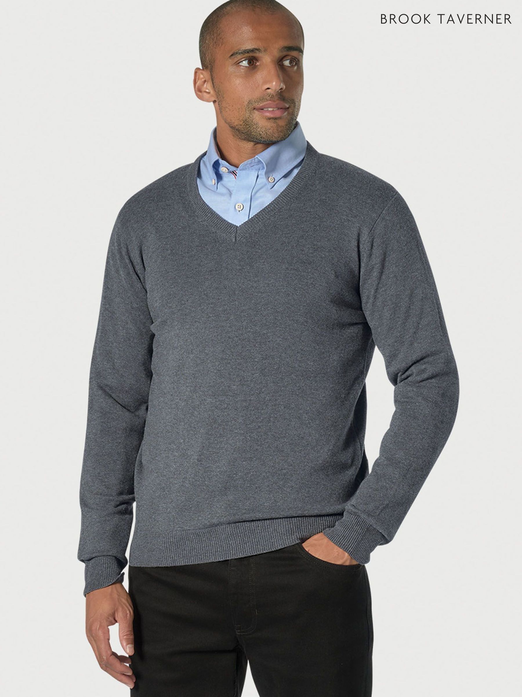 Men's Grey V-Neck Cotton Knitwear | Next Oman