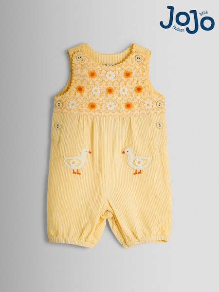JoJo Maman Bébé Yellow Duck Appliqué Pocket Smocked Dungarees (V02456) | AED146 - AED151
