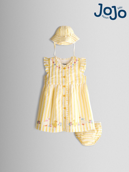 JoJo Maman Bébé Yellow Duck Appliqué Button Front Dress & Hat Set (V02463) | AED186 - AED198