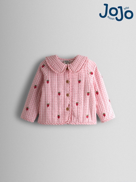 JoJo Maman Bébé Pink Strawberry Embroidered Gingham Quilted Jacket (V02469) | AED163 - AED198