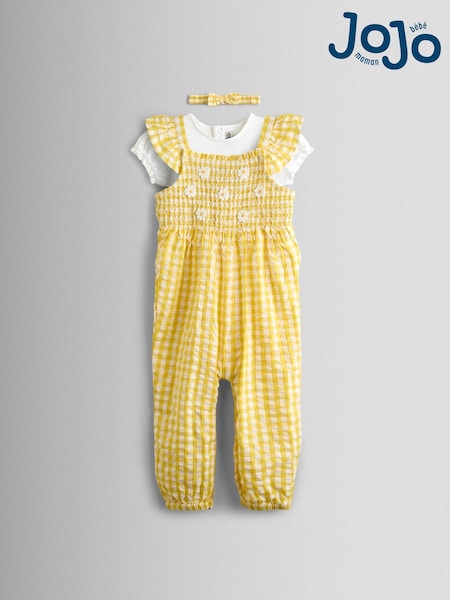 JoJo Maman Bébé Yellow Smocked Dungaree, T-Shirt & Headband Set (V02667) | AED175 - AED186