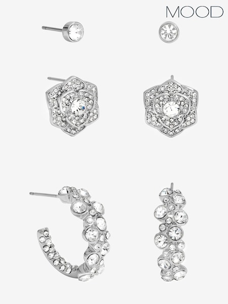 Mood Silver Tone Floral Crystal Stud Hoop Earrings Pack of 3 (V02785) | €24