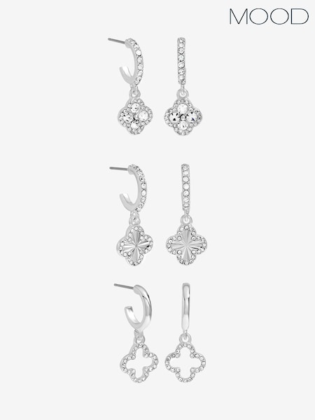 Mood Silver Crystal & Pave Clover Huggie Earrings Pack of 3 (V02820) | €24