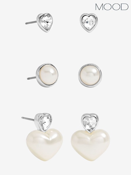 Mood Silver Tone Crystal & Pearl Heart Earrings Pack of 3 (V02829) | €23
