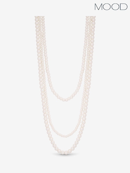Mood Cream Pearl Multi Row Statement Long Necklace (V03104) | AED128