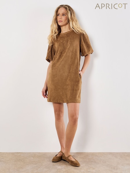Apricot Brown Mini Suede Puff Sleeve Dress (V03308) | €53