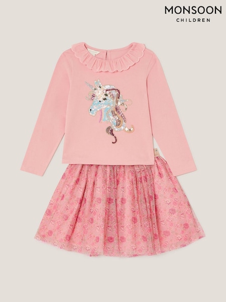 Monsoon Pink Sequin Unicorn Top & Floral Print Mesh Skirt Set (V03337) | AED270 - AED305