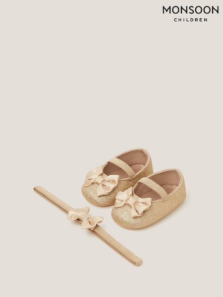 Monsoon Gold Baby Bow Glitter Booties & Headband Set (V03340) | €21