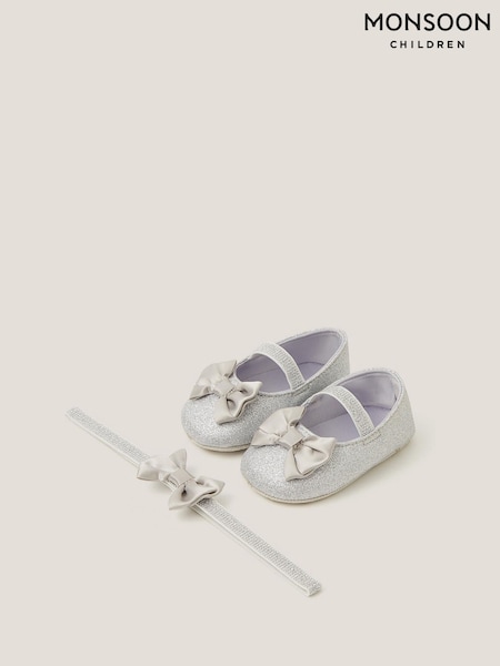 Monsoon Silver Baby Bow Glitter Booties & Headband Set (V03349) | €21