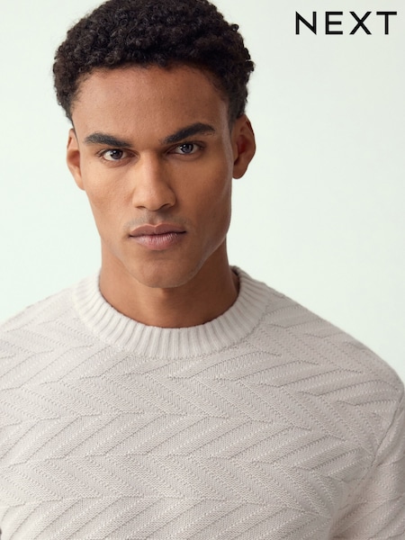 Ecru vit - Regular Fit Cotton Rich Chevron Cable Crew Neck Jumper (V03541) | kr590