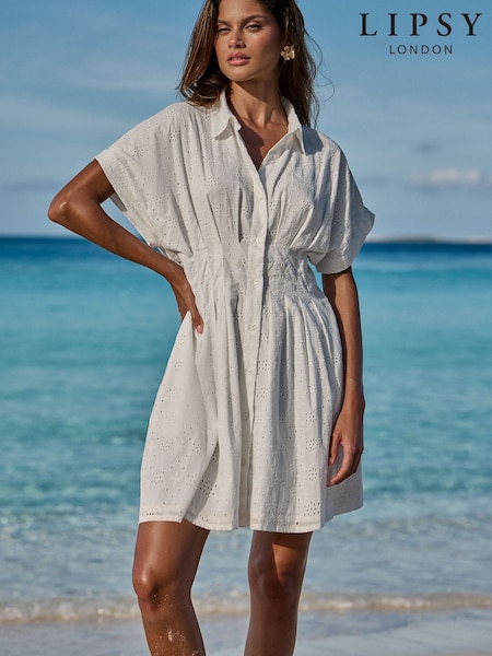 Lipsy White Short Sleeve Broderie Mini Shirt Dress (V03965) | SGD 97