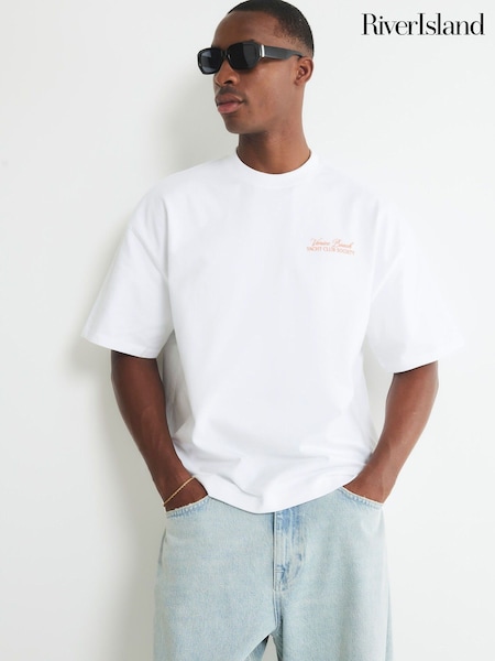 River Island White Oversized Fit Yacht Club Car T-Shirt (V04031) | €33