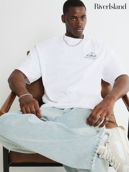 River Island White Oversized Fit Palais Prives T-Shirt (V04035) | AED151