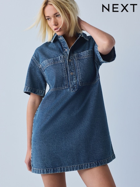 Mid Blue - Short Sleeve Utility Denim Mini Dress